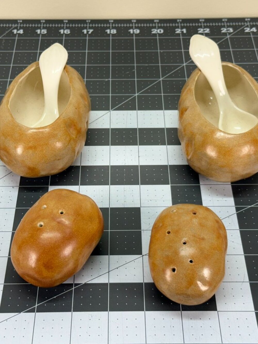 Vintage 1981 AHC Ceramic Baked Potato 6pc Condiment Bowl Spoon Shaker Set